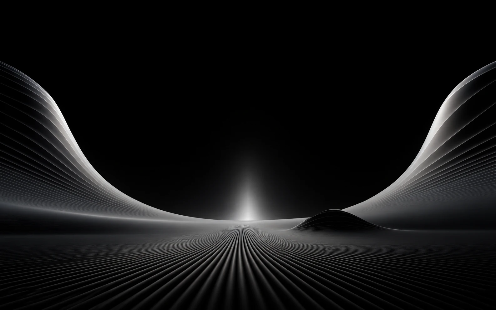 Sculptural monochrome metallic waves converging toward a luminous horizon